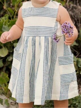 Pink Chicken Courtina Dress in Antique White/Navy Column Stripe